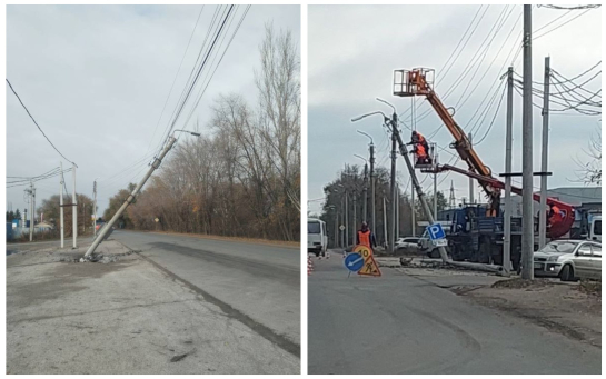 В Сызрани починили повисший на проводах столб после жесткой аварии