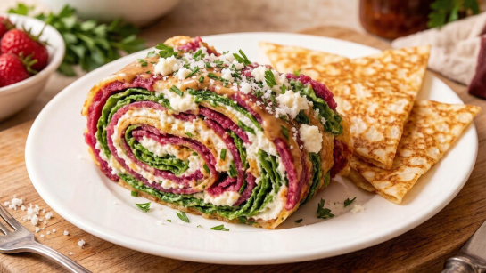 Готовим закуску — два цвета и яркий вкус: блинный рулет с сюрпризом